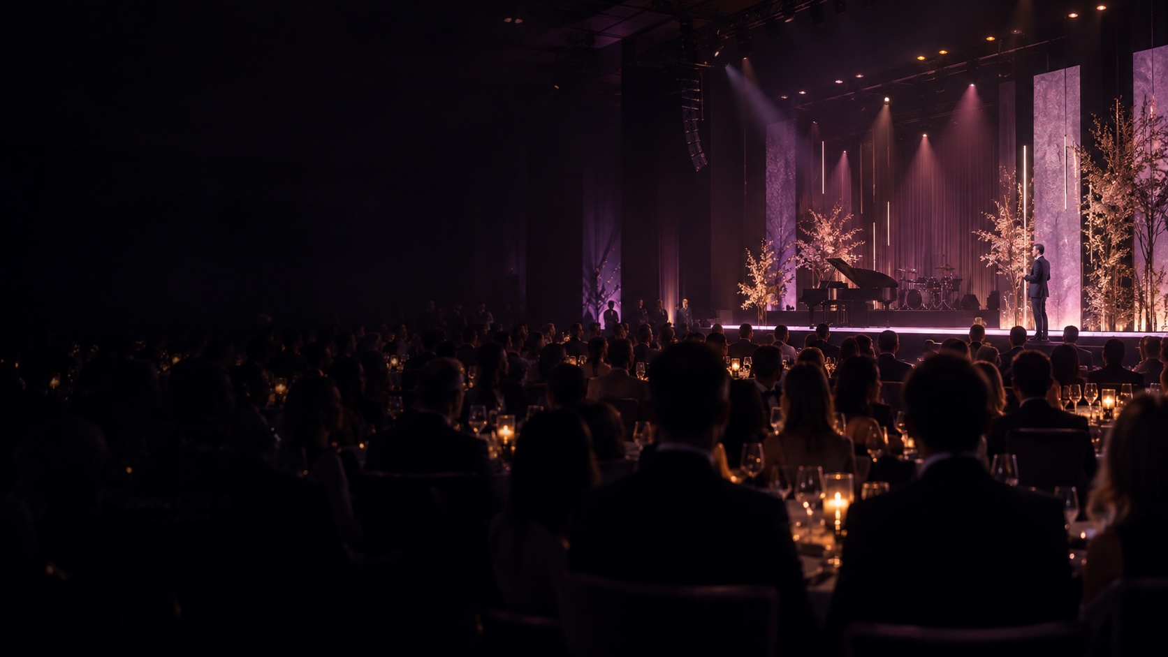 AI-generated illustrative image: evening event with a stage and audience.